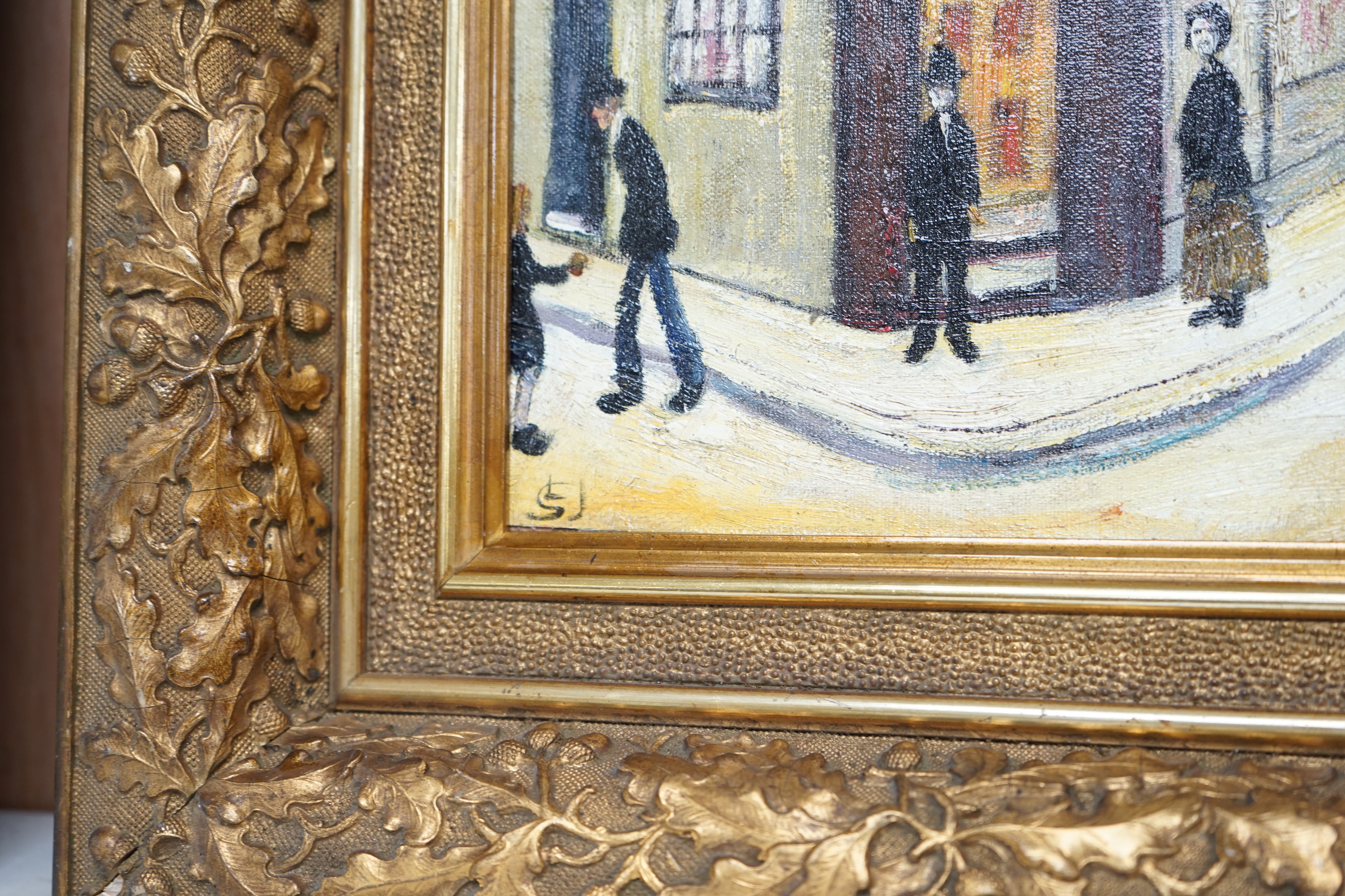 Manner of Laurence Stephen Lowry RBA RA (1887-1976) oil on board, Northern street scene with figures, 41 x 30cm, ornate gilt framed